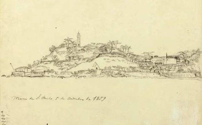 Desenho de Morro de São Paulo feito por D. Pedro II durante sua visita à ilha em 1859. Conta a tradição local que o imperador banhou-se na Fonte Grande com a Marquesa de Santos.